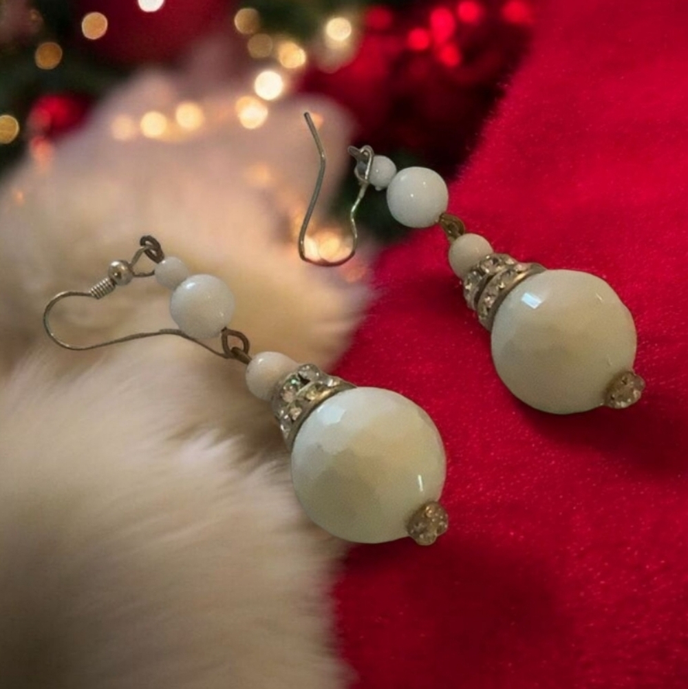 Vintage dangle white glass ball earrings with stones nice formal wear .
